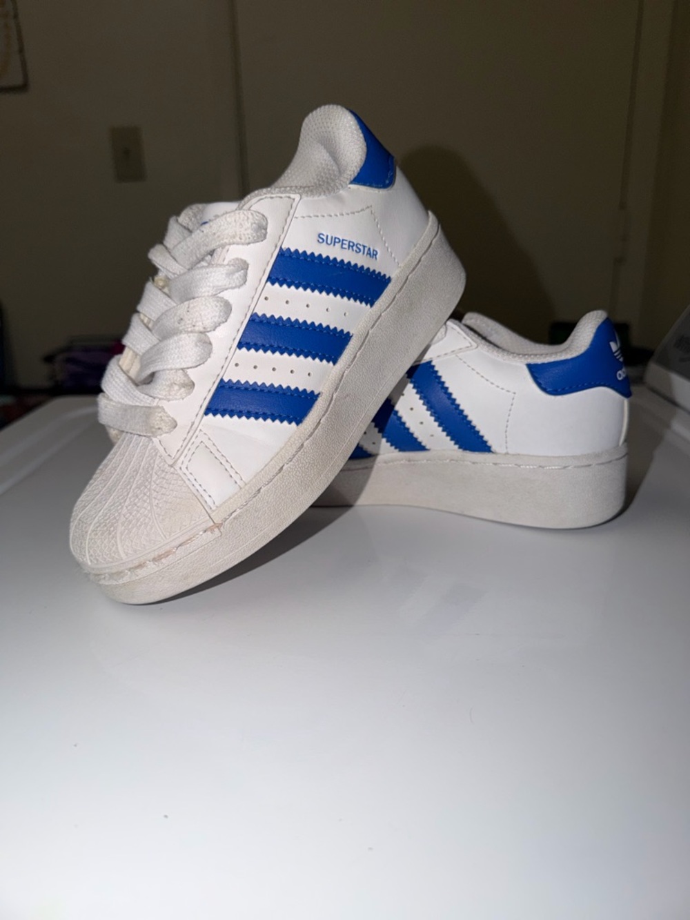 adidas White Sneakers with Blue Stripes - Superstar Style